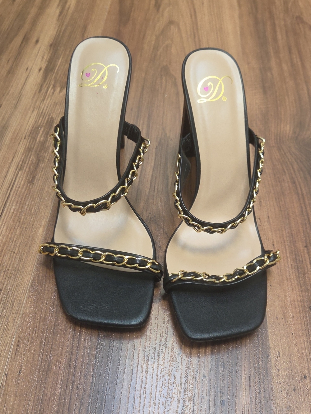Delicous Black Slide Heels with Gold Chain Straps